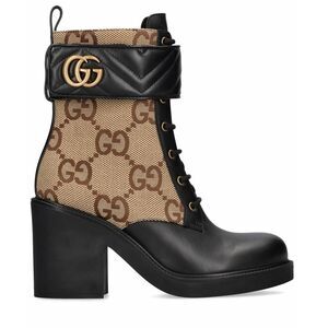 Gucci Beige & Black GG Marmont Combat Ankle Boots  Leather Canvas 37